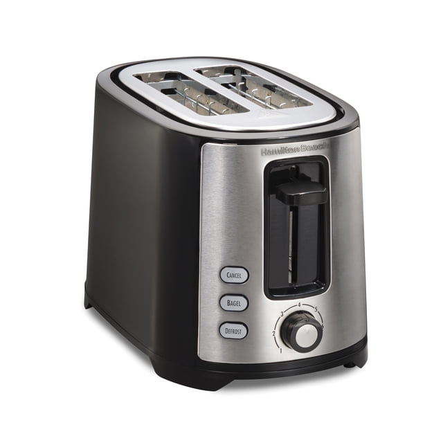 Hamilton Beach Extra-Wide-Slot 2 Slice Toaster with stainless steel front and black body, featuring two extra-wide slots for thick breads and bagels, a lever, buttons for Cancel, Bagel, and Defrost functions, and a numbered dial for 7 toast shades, ideal for small appliance kitchen use.