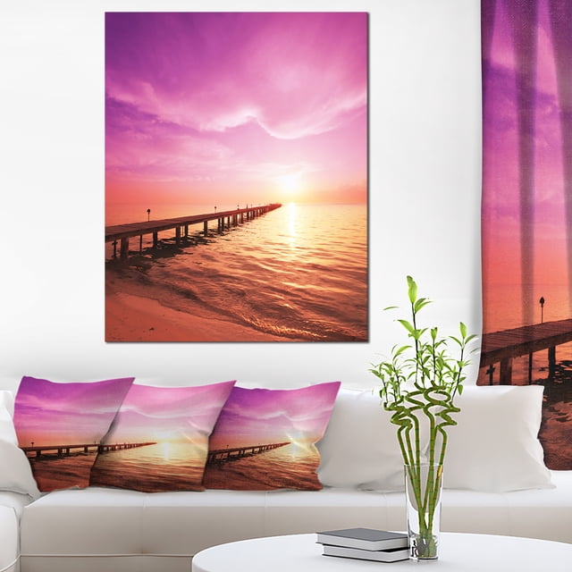 Brown Sea and Pier under Magenta Sky - Bridge Canvas Art Print