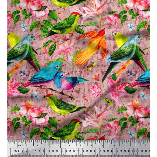 Soimoi Polyester Crepe Fabric Birds,Leaves & Lily Flower Printed Fabric 1 Yard 42 Inch Wide