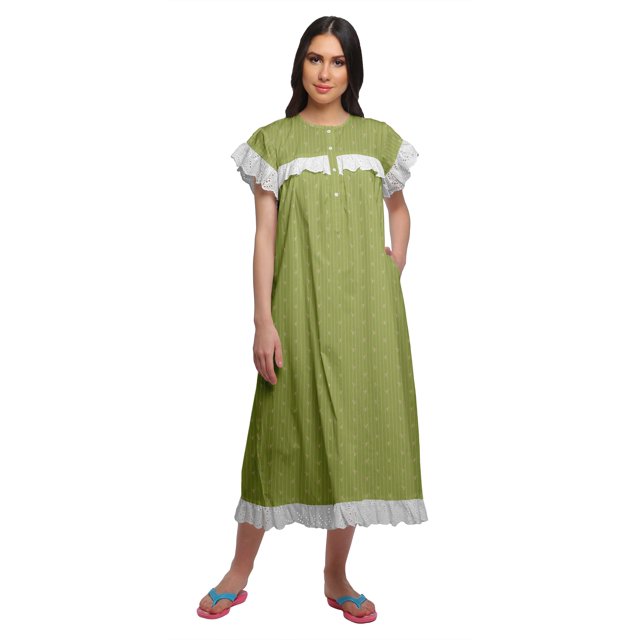Moomaya Chemise de Nuit Imprimée pour Femme Mi-Mollet en Coton à Manches Courtes
