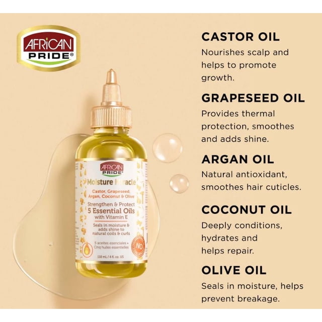 African Pride Moisture Miracle 5 Essential Oils Bouteille d'Huile pour Cheveux et Cuir Chevelu avec Bouchon Doré sur Fond beige avec Gouttes d'Huile, Contenant des Huiles de Ricin, de Pépins de Raisin, d'Argan, de Noix de Coco et d'Olive Qui Nourrissent le Cuir Chevelu, Protégent les Cheveux, Ajoutent de la Brillance et Scellent l'Humidité pour des Boucles et des Boucles Naturelles.