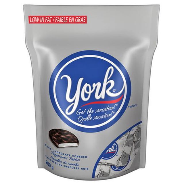 YORK Dark Chocolate Peppermint Patties 200g resealable silver pouch with blue York logo and low fat label, showing dark chocolate covered peppermint patties and individually wrapped pieces through a clear window, suitable for refreshing chocolate snacks.