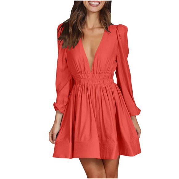 cfhntfmh Mini Dresses for Women Sexy Deep V Neck Pleated Long Sleeve Flowy Dress Fashion Ruffle Hem Party Cocktail A-Line Dress