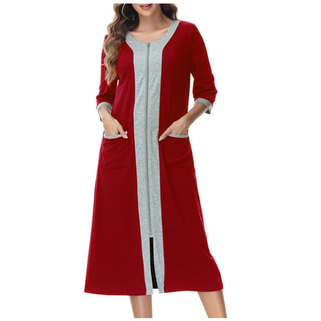 Timegard Nuisette pour Femmes Robe à Fermeture Éclair Robe de Maison à Manches 3/4 à Blocs de Couleur Longue Tenue de Nuit avec Poches