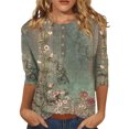 thumbnail image 1 of Bellella Hauts pour Femmes T-shirt à Imprimé Floral Col Rond Tee Tunique Douce Manches 3/4 Blouse T-shirt Femme Vert Armée S, 1 of 4