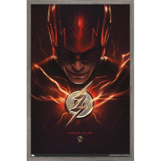 DC Comics Movie The Flash - The Flash One Sheet Wall Poster, 22.375" x 34", features a centered front view of The Flash's chest with a metallic lightning bolt emblem glowing with red and orange electric energy on a dark background, framed in gray wood, with the text 'WORLDS COLLIDE' below the emblem, suitable for decorating bedrooms, offices, or dorm rooms.