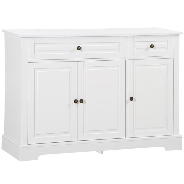 HOMCOM Sideboard Buffet Cabinet, Modern Kitchen Cabinet with 2 Drawers white MDF sideboard, front-facing with two drawers above three-door cabinet; adjustable interior shelf and anti-tipping hardware, 45.3" W x 32.1" H. Works as a kitchen buffet, hallway storage or compact coffee bar.