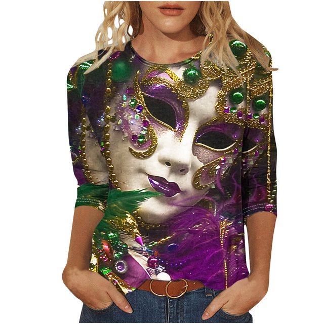 Penkiiy Blouse de Carnaval pour Femmes Mardi Gras Mode Imprimé Décontracté Col Rond Manches 3/4 T-shirt Blouse TG Multicolore