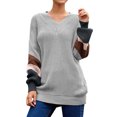thumbnail image 1 of Women Stripe Colorblock Lantern Long Sleeve V Neck Sweater, 1 of 4