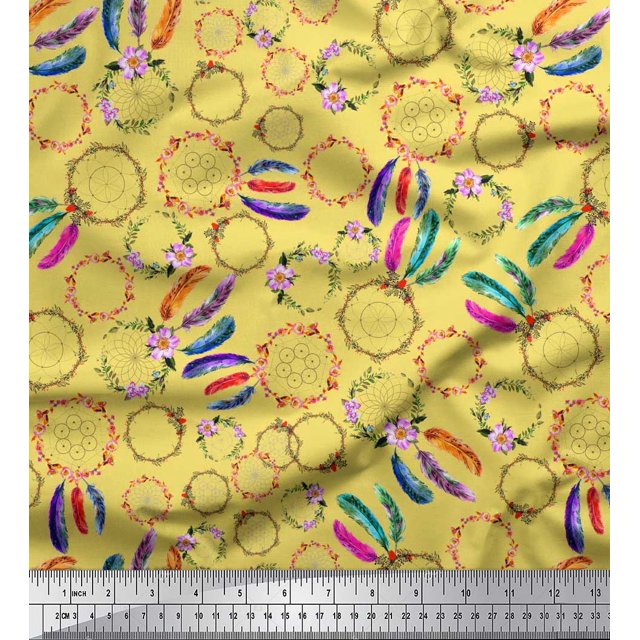 Soimoi Polyester Crepe Fabric Wreath & Dream Catcher Home Decor Print Fabric by The Yard 52 Inch Wide