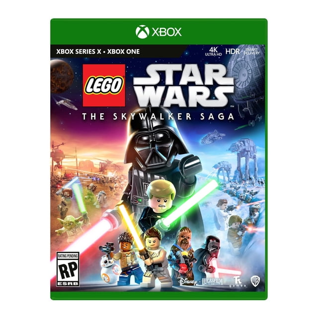 LEGO Star Wars The Skywalker Saga Xbox One game cover featuring LEGO minifigures of Darth Vader, Luke Skywalker with a green lightsaber, and other characters wielding lightsabers and blasters, set against a space battle scene with starships and AT-AT walkers, highlighting 4K Ultra HD, HDR, and Smart Delivery for Xbox Series X and Xbox One.