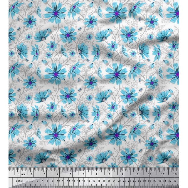 Soimoi Moss Georgette Fabric Leaves & Cosmos Floral Decor Fabric Printed Yard 42 Inch Wide