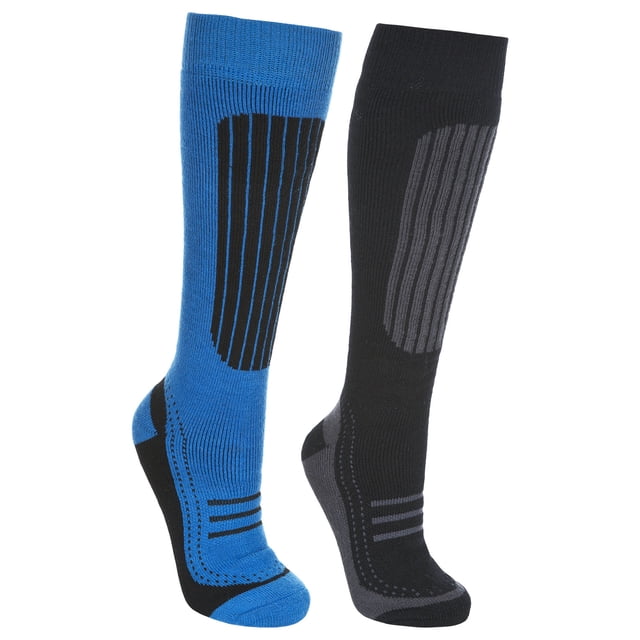 Trespass Mens Ski Socks 2 Pack Longer Length Socks Langdon II, featuring two pairs of thermal ski socks in blue and black designs. Made with 91% acrylic, 8% polyamide, and 1% elastane, these long-length socks offer arch support, extra cushioning, and a comfort fit, perfect for winter sports and cold weather gear.