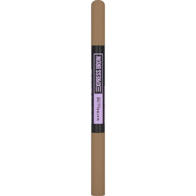 Maybelline Eyebrow 2-In-1 Pencil and Powder in Blonde, dual-ended with light brown caps and a black label with purple text reading 'Express Brow' and 'Maybelline New York', featuring a precise teardrop tip for defining and a powder sponge for filling and smoothing brows for natural fuller eyebrows.