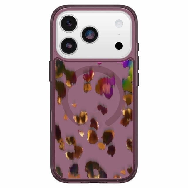 OtterBox Étui Symmetry Clear MagSafe avec Contrôle de Caméra Leopard Shift (Rose) pour iPhone 17 Pro, Vue Arrière avec un Cadre Rose Translucide Mince et un Panneau Arrière Transparent Présentant un Imprimé Léopard Flou en Brun, or et Violet. Il Comprend des Bords Surélevés Autour des triple Objectifs de Caméra, des Aimants MagSafe Intégrés, des Boutons Tactiles et des Ancres pour Courroies Ou Breloques, Offrant protection et style.