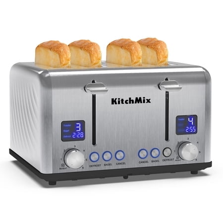 Toaster 4 Slice, Bagel Stainless Toaster with LCD Timer, Extra Wide Slots, Dual Screen, Removal Crumb Tray (Stainless steel)
