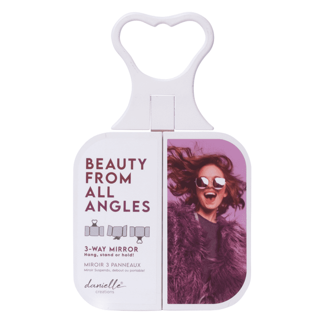 Danielle Creations Miroir Portatif à 3 Voies en Blanc avec Poignée en Forme de Cœur, compact et Pliable pour le Voyage. Ce Miroir Cosmétique Offre Trois Modes de Vision - à Accrocher, à Poser Ou à Tenir à la Main - Offrant des angles Polyvalents pour les Besoins de Beauté et de Soins.