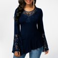 thumbnail image 1 of Women's Long-Sleeved Lace Stitching Shirts Round Neck Irregular Blouses Tops, 1 of 1