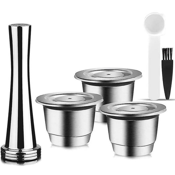 Capsules Réutilisables, Acier Inoxydable, 3 Pcs Tampons Rechargeables pour Nespresso + 1 Tasser + 1 Cuillère + 1-SHUNJING