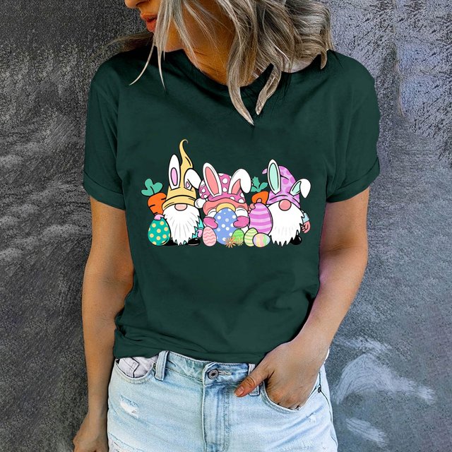 EGNMCR Chandails de Pâques pour Femmes Chandails pour Femmes Imprimé de Pâques T-shirt à Col Rond pour Femme Mode Confortable Chemise pour Femme Haut à Manches Courtes Haut/chemise à Col Rond T-Shirts pour Femmes