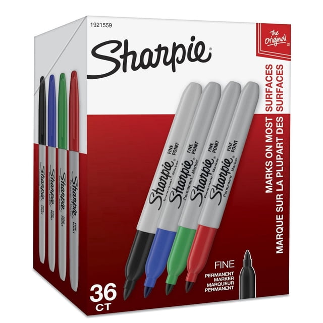 Marqueurs permanents Sharpie, pointe fine, couleurs assorties, 36 unités