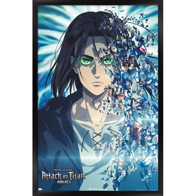 Attack on Titan : la Saison Finale - Affiche Murale de Fragments Représentant un Personnage d'Anime aux Longs Cheveux Noirs et une Chemise Blanche en Dentelle, Se Dissolvant sur le Côté Droit en de Nombreux Petits Fragments Montrant des Scènes et des Personnages de la Série, sur un Fond Bleu et Blanc Rayonnant avec un Cadre Noir.