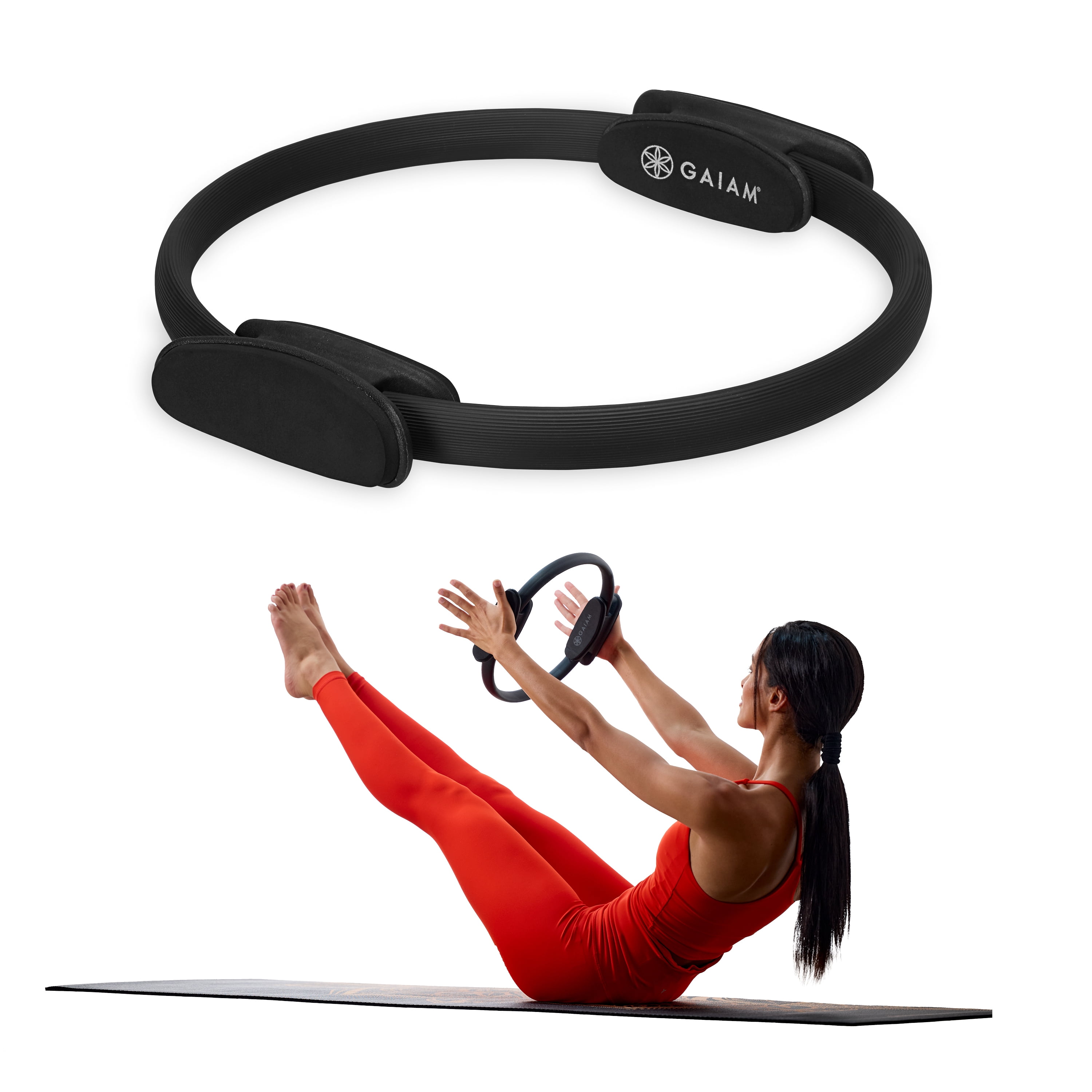 Anneau de Pilates essentiel Gaiam 30 cm (noir) - Léger, durable, poignées rembourrées en mousse, équipement d'exercice flexible pour tonifier les bras, les cuisses, les jambes et les abdominaux.