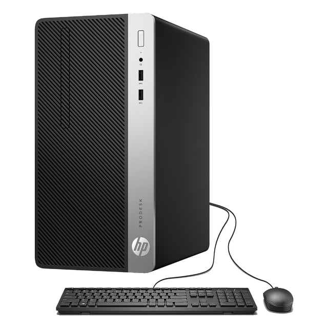 Desktop PC HP 400 G4 Tower Windows 11 Pro with 16GB DDR4 RAM, Intel Core i5 7th Gen Processor, and 256GB SSD, refurbished. This business desktop features a black and silver micro-tower design with front-facing USB ports, power button, and ventilation. Includes wired keyboard, mouse, Wi-Fi adapter, and power cord.