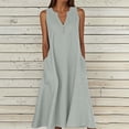 thumbnail image 3 of Ohufall Robe Femme en Coton et Lin à Col en V Sans Manches Décontractée Robe Débardeur Unie Confortable avec Poches Robe Midi d'Été Chic, 3 of 5