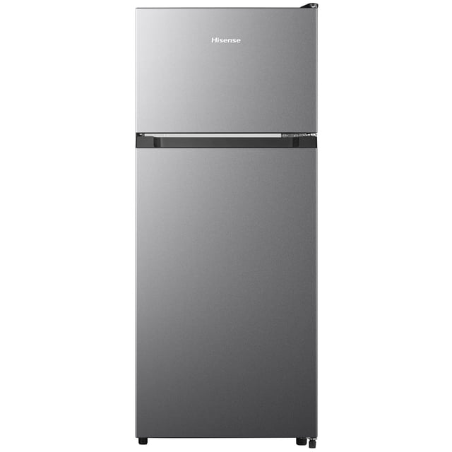 Hisense 19in. 4.4 cu. ft stainless steel look compact refrigerator with top mount freezer, reversible door, adjustable shelves, and Energy Star certification. Perfect for small spaces or as a mini fridge for dorms or offices.