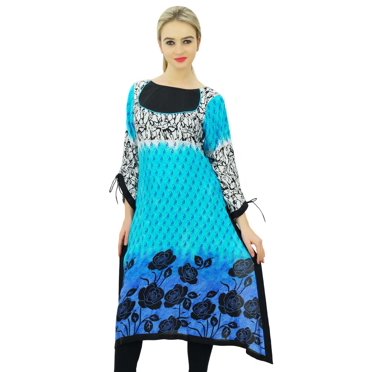 Bimba Women's Designer Ethnic Indian Kurta Kurti Rayon Tunic Blouse With Asymmetrical Hem