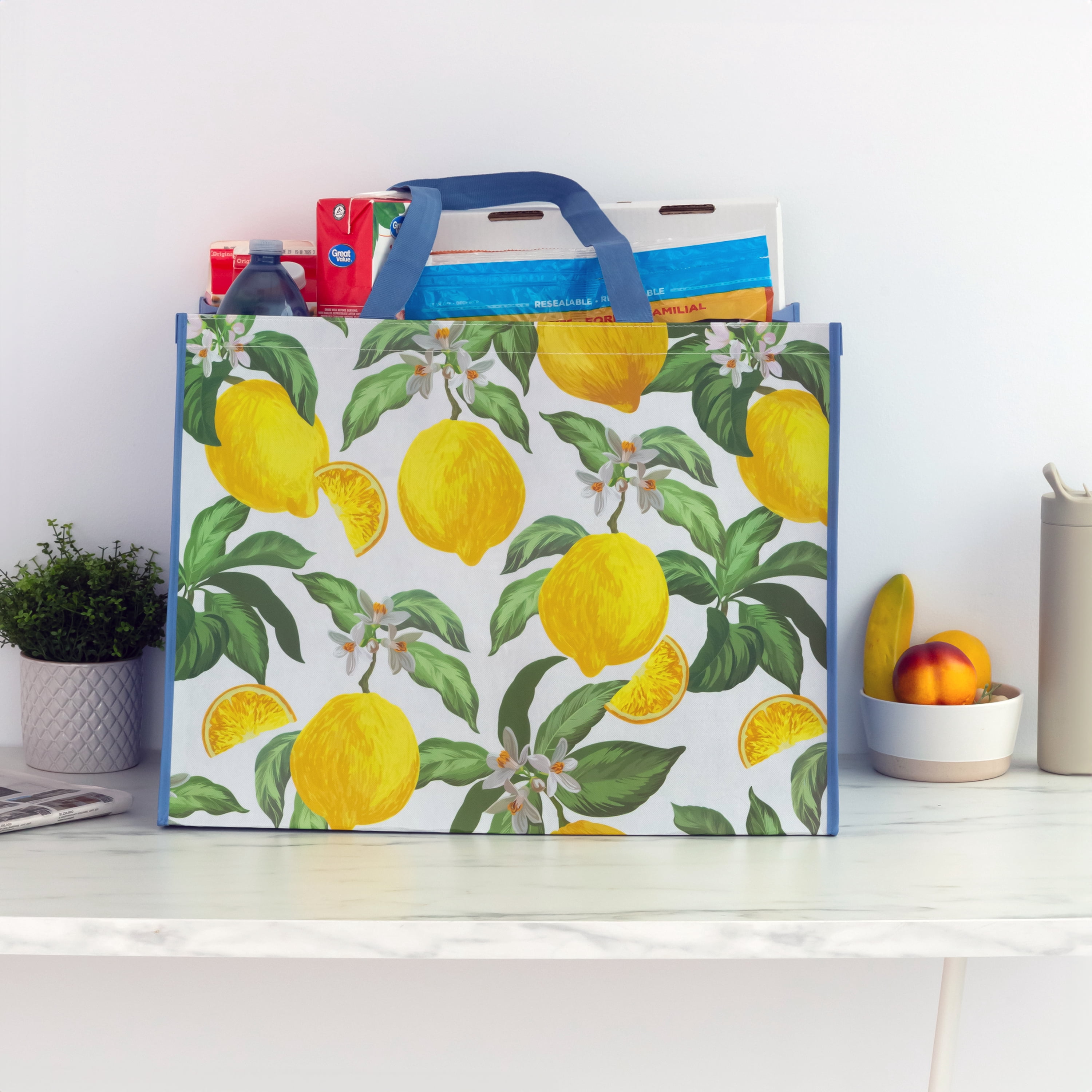 Walmart Sac d’épicerie extra grand réutilisable, sac fourre-tout à doubles poignées, bleu