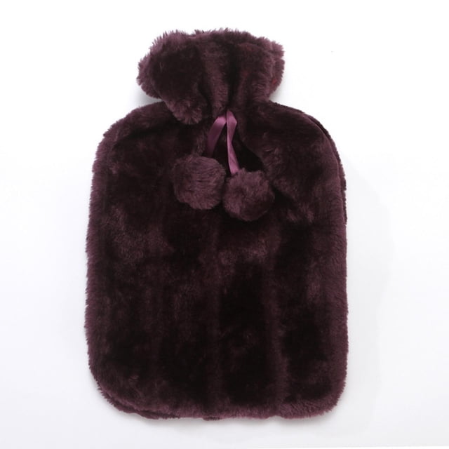 Dvkptbk Hot Water Bottle Covers 2L with faux fleece cloth cover in a deep burgundy color. The cover features a soft texture, pom-pom accents, and a drawstring closure for thermotherapy, pain relief, and cold protection. Designed for removable use and suitable for hot or cold applications, ideal for muscle soreness or menstrual cramps.