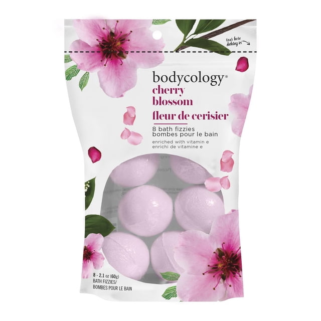 Bodycology Cherry Blossom Bath Fizzies package containing 8 light pink bath bombs enriched with vitamin E, shown in a white resealable pouch decorated with pink cherry blossom flowers and green leaves, ideal for a moisturizing and fragrant bath soak.