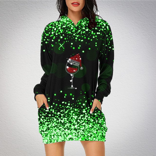 Jsaierl Robe à Capuche de Noël pour Femmes à Manches Longues, Tunique à Capuche à Imprimé Verre de Noël, Chandail de Noël, Robe de Fête avec Poches