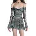 thumbnail image 1 of Women Mesh Mini Dress Vintage Printed Long Sleeve Off Shoulder Backless Ruched Bust Summer Beach Streetwear, 1 of 5