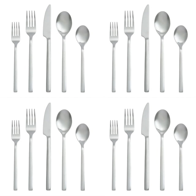 Better Homes & Gardens Holden Stainless Steel 20 Piece Flatware Set Satin Silver centered display showing full service for 4 — 4 dinner forks, 4 salad forks, 4 soup spoons, 4 knives and 4 teaspoons in satin-finish stainless steel with black handles and straight contemporary silhouettes on a neutral tabletop; dishwasher-safe and tarnish-resistant, often used as compact utensil storage for travel or catering prep.
