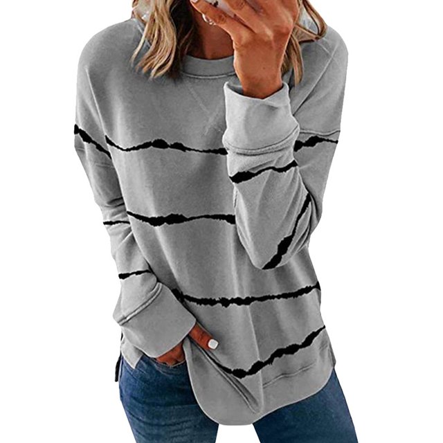 Women Long Sleeve Stripe Tie Dyed Printed Split Pullover Tops