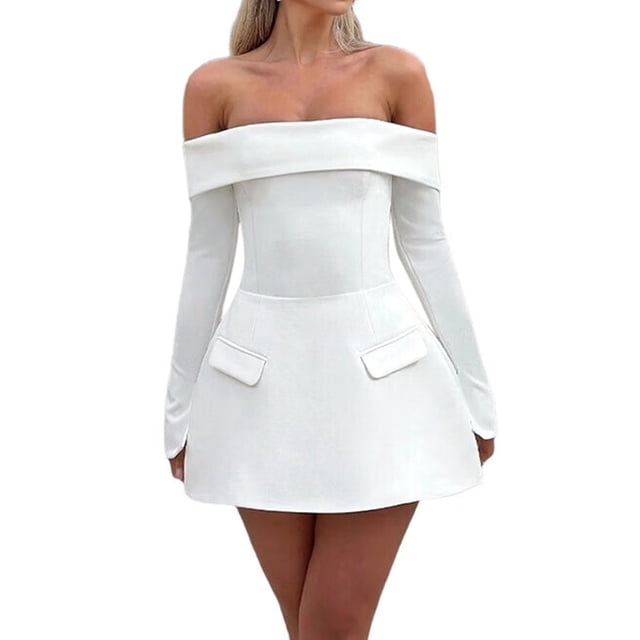 Robe Mini pour Femmes à Épaules Dénudées à Manches Longues Robe Trapèze Courte Robes Formelles Tenue de Fête Boîte de Nuit Blanc m