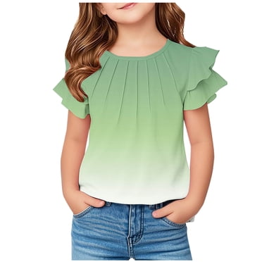 FFENYAN Summer Gradient Color Short Sleeve Ruffle Top for Girls 5-13Y - Kids Round Neck Casual Shirt - Perfect for Playdates Outdoor Activities and Everyday Wear