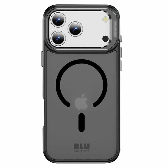 Blu Element Étui MagSafe Chromatique Noir pour iPhone 17 Pro Max avec Dos en Acrylique Noir semi-transparent compatible MagSafe, Bords à Toucher Doux Absorbant les Chocs, Découpes Précises pour triple Caméra et flash, Boutons Hyper Réactifs et Béquille Pliable pour Visionnement Paysager, Convient à la protection contre les Chutes jusqu'à 10 Pieds.