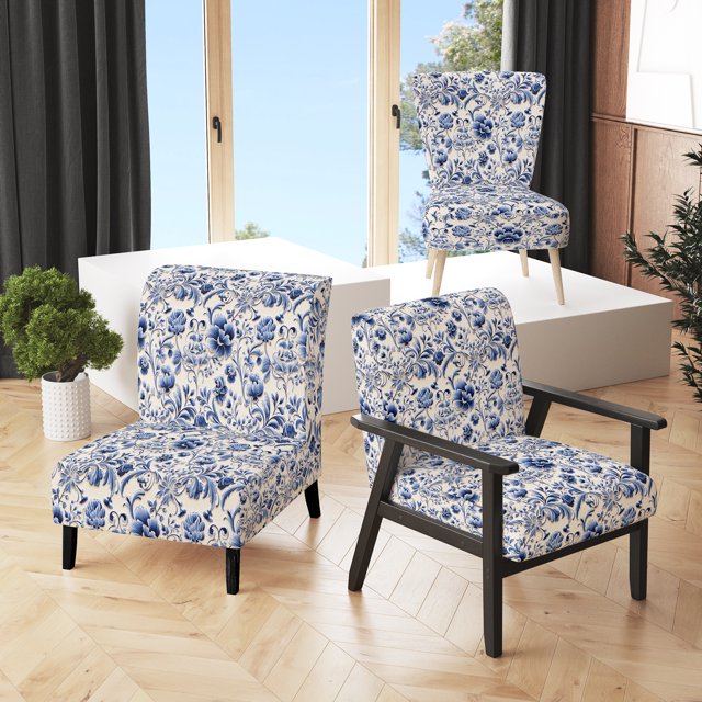 Designart "Flourishing Renaissance In Cobalt Blue" Blue Floral Upholstered Accent Chair - Cottage Arm Chair For Living Room