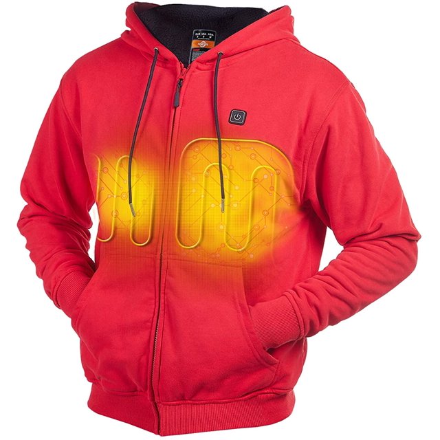Heated Hoodie with Battery and Charger (Unisex) in vibrant red, designed for gender-neutral wear. Features a front zipper, adjustable drawstring hood, and visible heating elements on the chest. Made from a cotton-polyester blend with fleece lining for warmth. Includes rechargeable battery and charger for adjustable heating settings: high, medium, and low. Ideal for cold weather activities and heated apparel enthusiasts.
