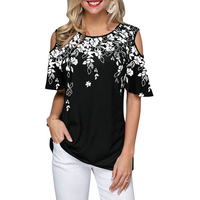 DYMADE Women Round Neck Off Shoulder Short Sleeve Floral Casual Top