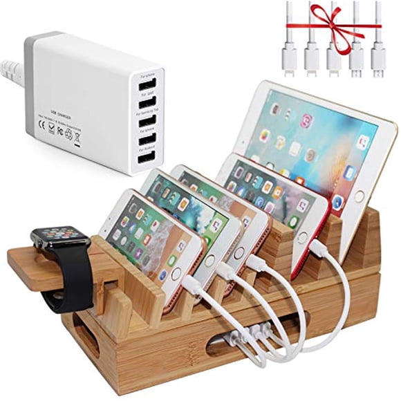 Pezin & Hulin Bamboo Charging Station Holder with 5 Port USB Charger, Watch Stand, Wood Dock Stand Organizer for Multiple Devices, Phones, Tablets, Laptop
