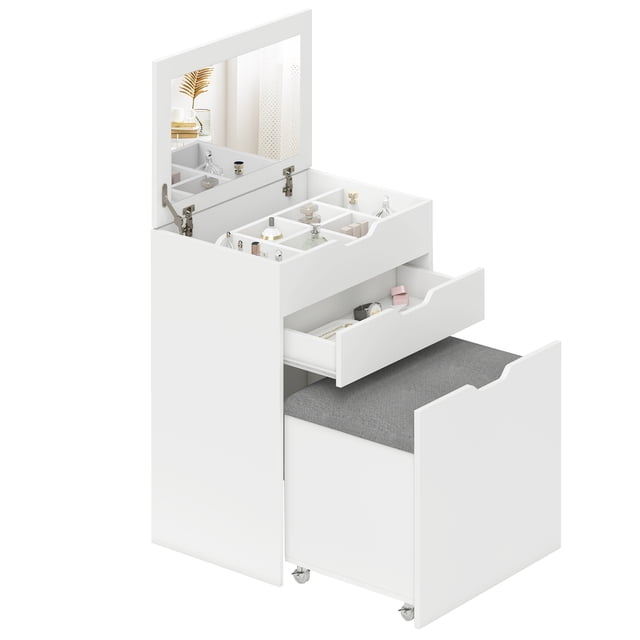 HOMCOM Vanity Set, Makeup Vanity Desk with Flip Top Mirror, White. This set includes a white particle board vanity desk with a lift-up tabletop revealing a mirror and hidden compartments for storage. A spacious drawer is positioned below for additional organization. The matching padded stool, upholstered in grey linen, features hidden storage and wheels for easy movement. The compact design is ideal for bedrooms, offering functionality and style.