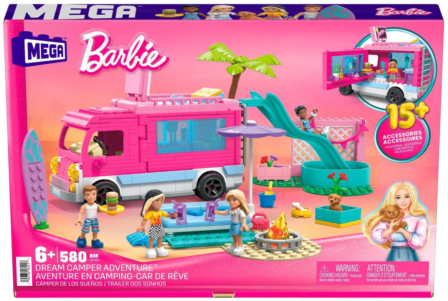 MEGA Barbie Dream Camper Adventure Building Kit Playset with 4 Micro-Dolls (580 Pieces)