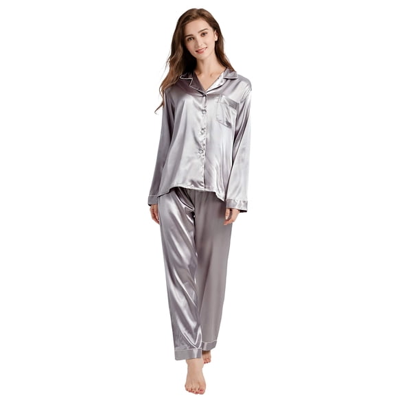 TONY AND CANDICE Women's Classic Satin Pajama Set Sleepwear Loungewear (Gray with White Piping, XX-Large)