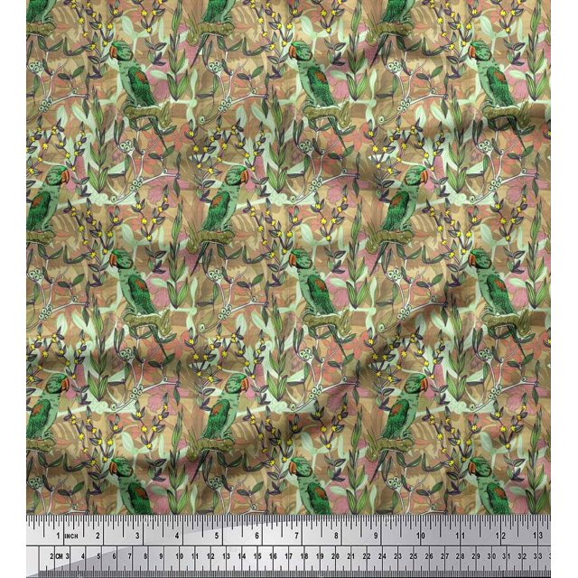 Soimoi Moss Georgette Fabric Leaves, & Parrot Bird Print Sewing Fabric Yard 42 Inch Wide