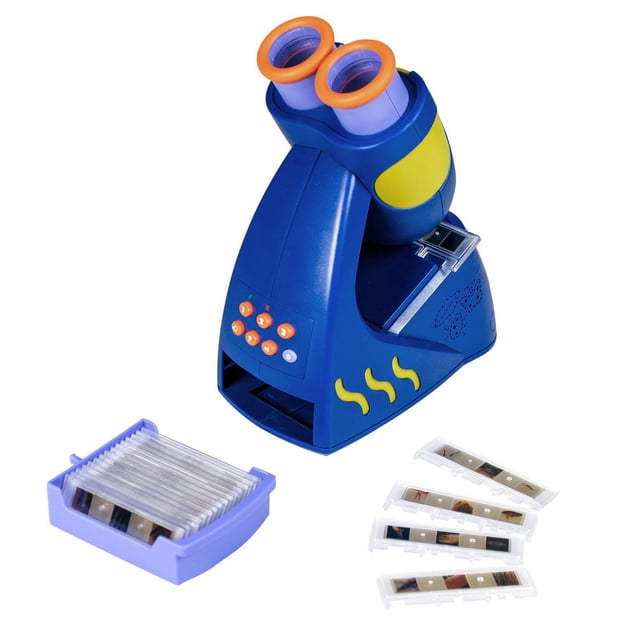 Educational Insights GeoSafari Junior Talking Microscope in blue with orange-rimmed dual eyepieces and yellow accents, featuring orange control buttons, shown with multiple prepared slides and a purple slide storage case, ideal for preschool STEM science learning and exploration.